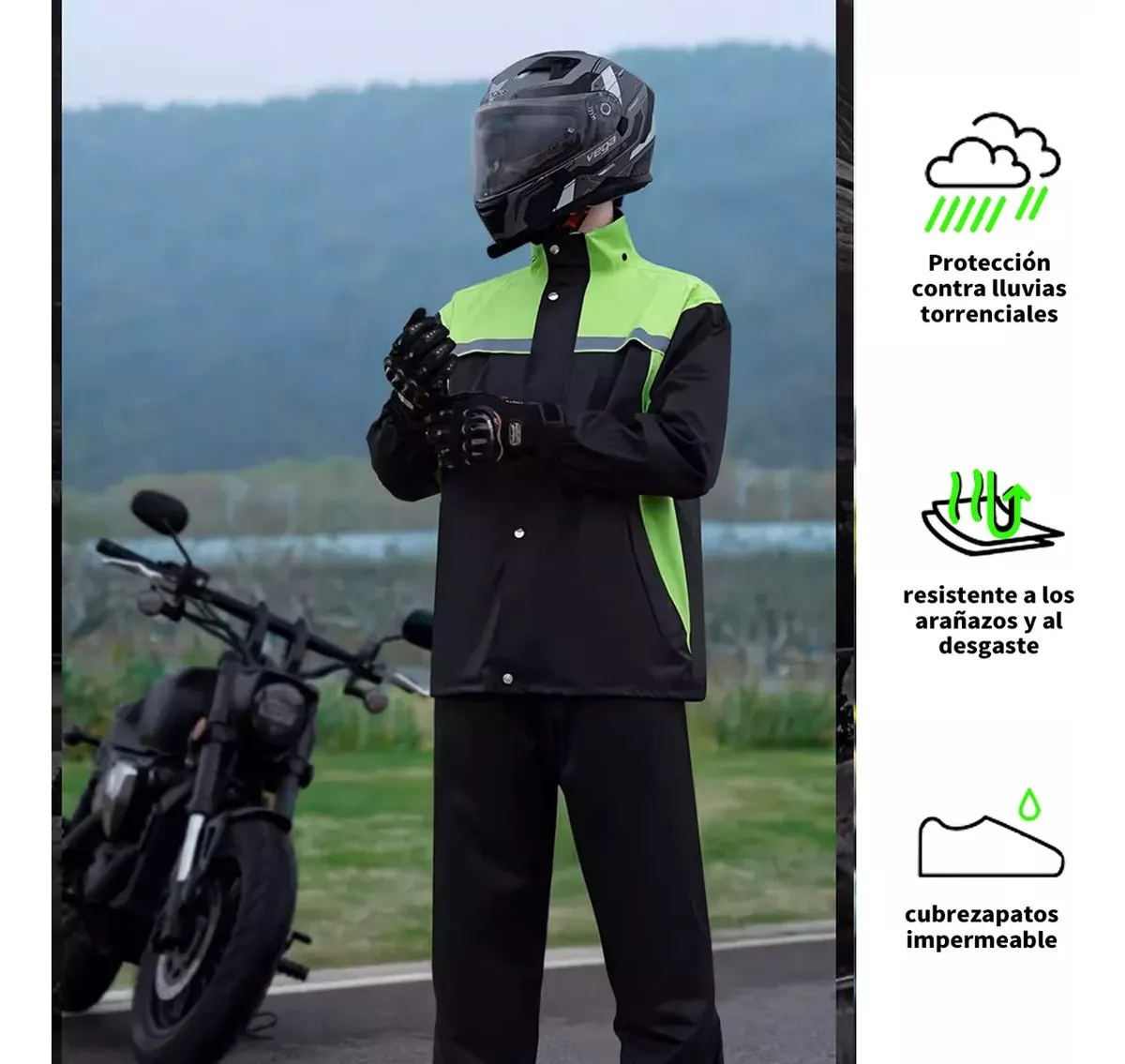 Impermeable Motociclista Reflejante Para Lluvia Con Capucha.