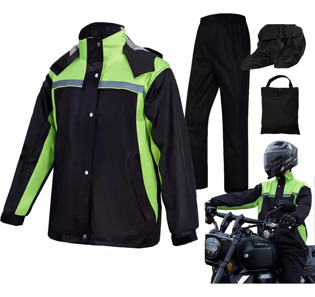 Impermeable Motociclista Reflejante Para Lluvia Con Capucha.