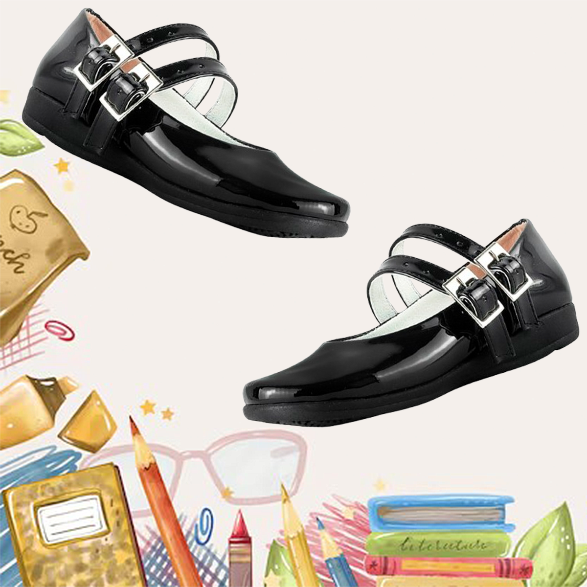 Zapato Niña Escolar Charol Negro Doble Hebilla Arco Soporte 250-CN