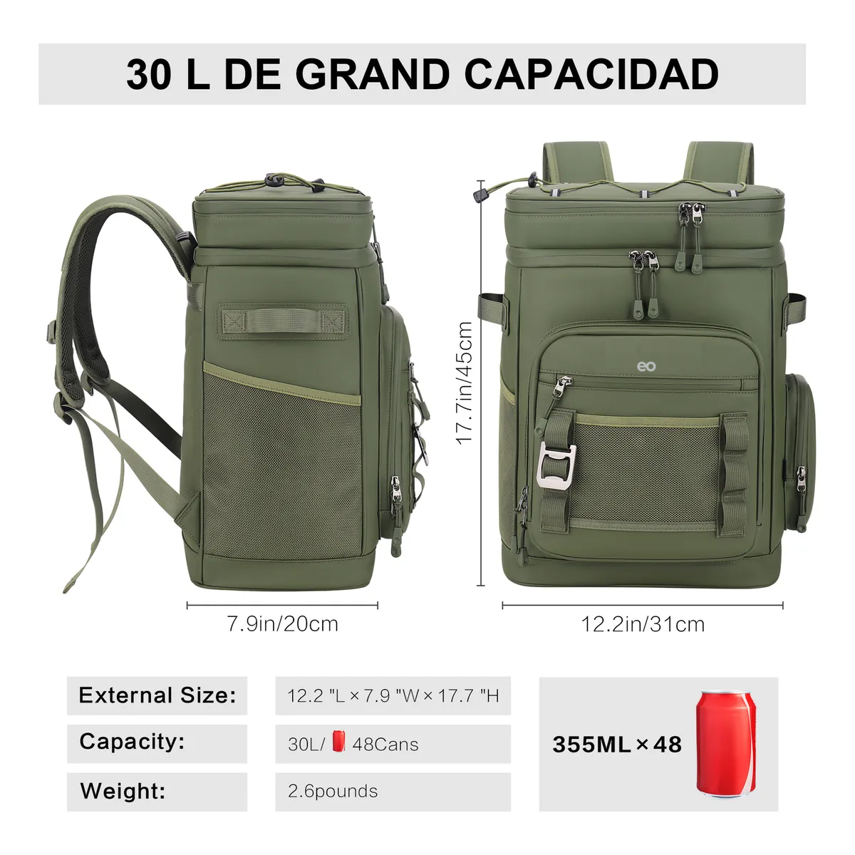 Hielera Mochila Portátil Enfriador Bolsa De Impermeable 30l Verde