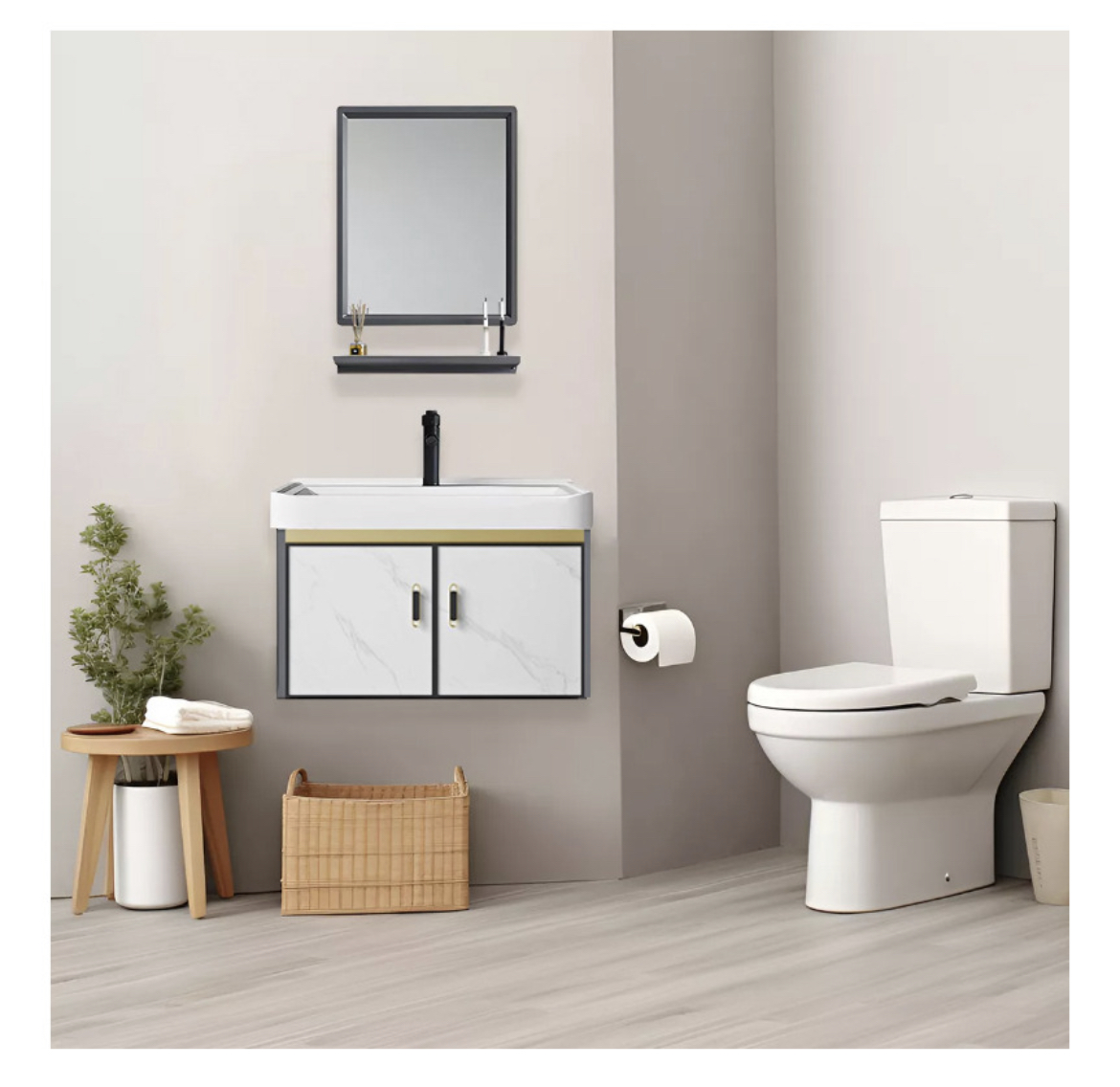 OWKUAN Lavabo Mármol Con Espejo Rectangular Minimalista Moderno Gris piedra