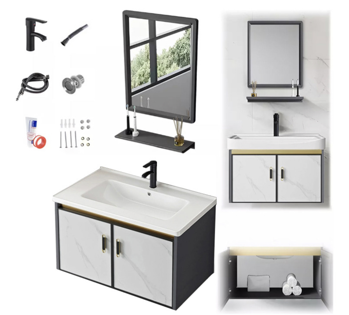 OWKUAN Lavabo Mármol Con Espejo Rectangular Minimalista Moderno Gris piedra