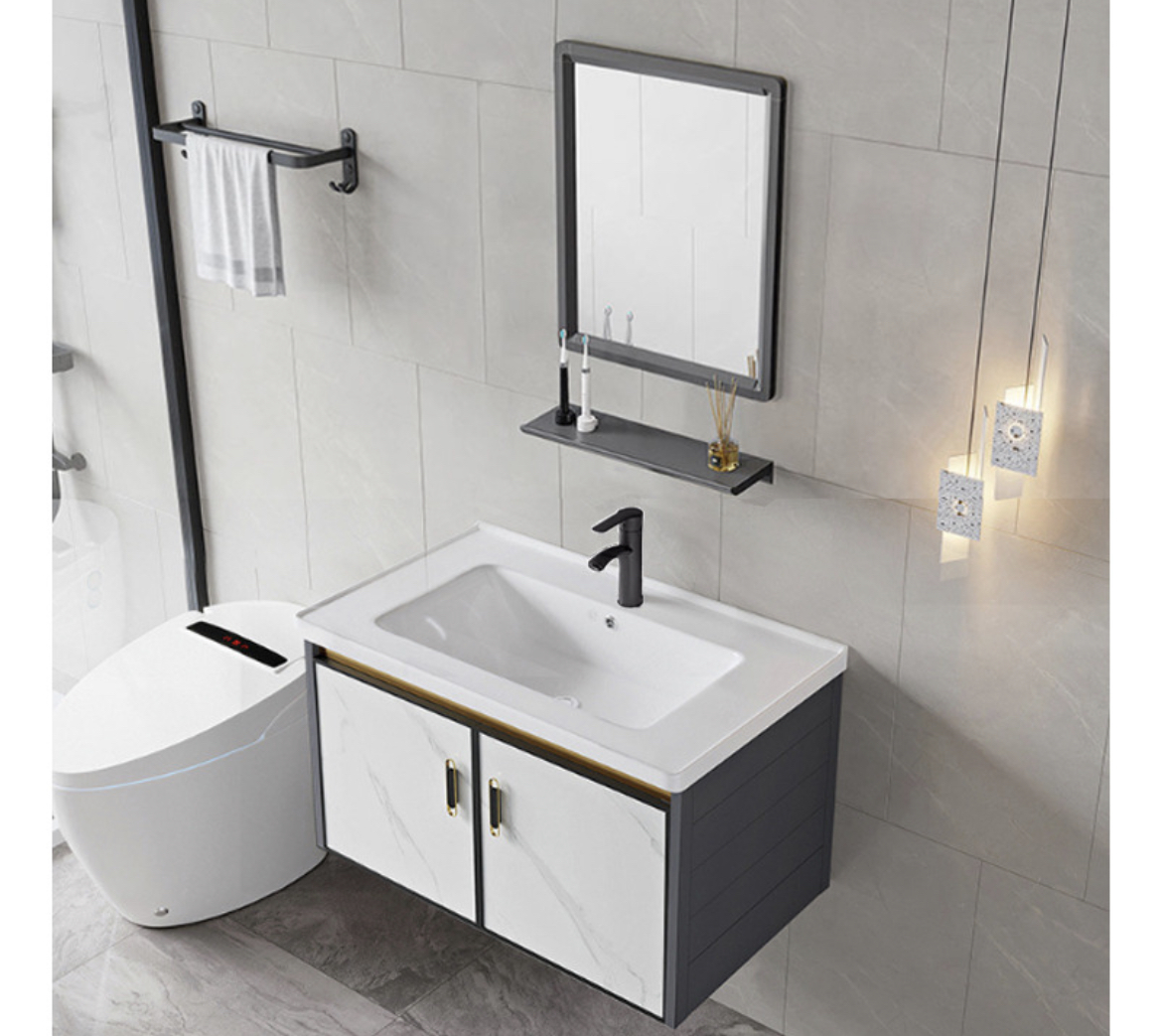 OWKUAN Lavabo Mármol Con Espejo Rectangular Minimalista Moderno Gris piedra