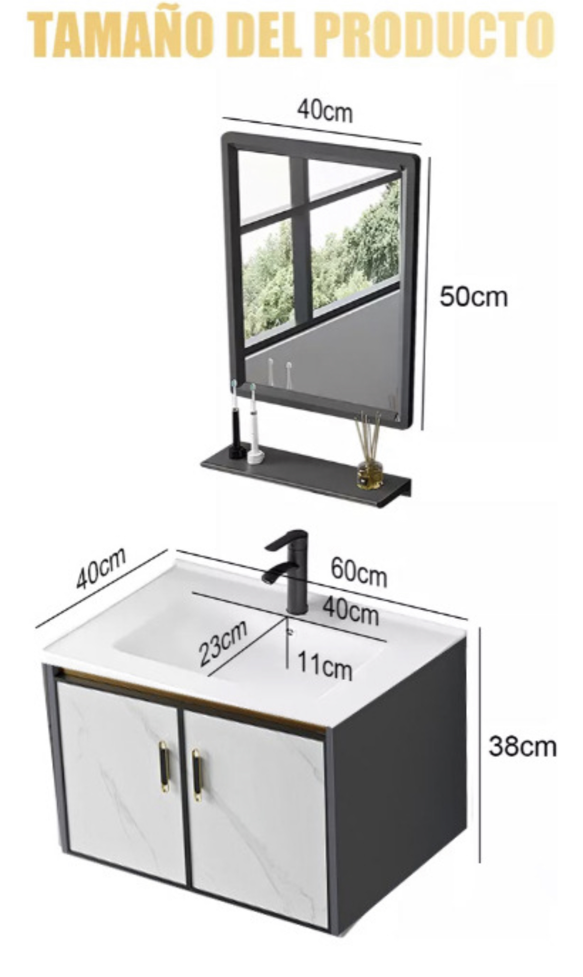 OWKUAN Lavabo Mármol Con Espejo Rectangular Minimalista Moderno Gris piedra