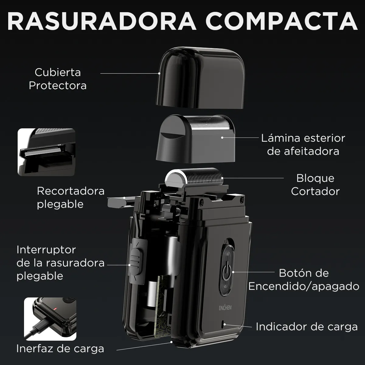 ENCHEN Mini Rasuradora Afeitadora Eléctrica Uso Flexible En Diferentes Escenarios Compacta Y Portátil 7000 Revoluciones Por Minuto Profesional Color Negro