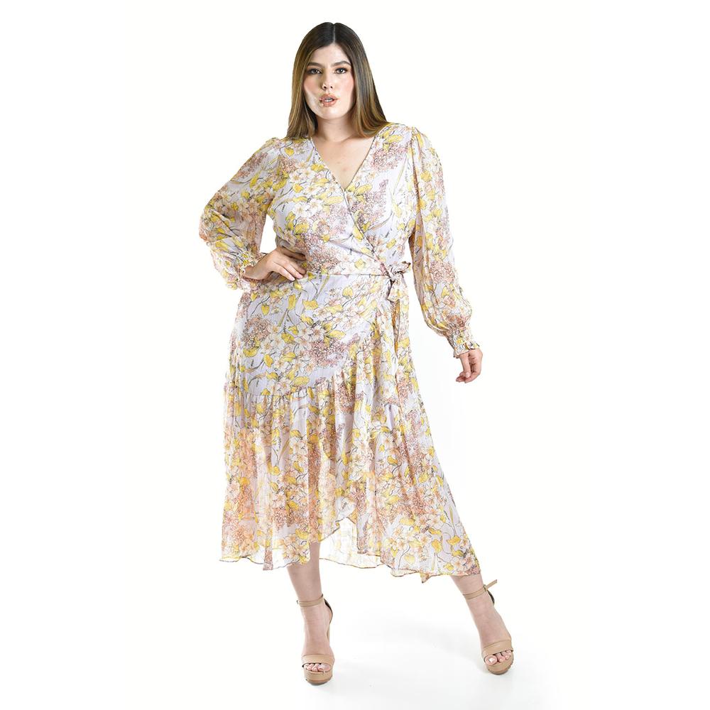 Vestido vaporoso de manga larga Roman Fashion /Tallas Extras, 3014 (Lila / Amarillo)