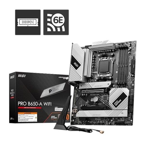 MSI PRO B650-A WiFi ProSeries Motherboard (AMD Ryzen 9000/8000/7000 Series Processors, AMD AM5, ATX, DDR5, PCIe 4.0, M.2, SATA 6Gb/s, USB 3.2 Gen 2, HDMI/DP, Wi-Fi 6E)