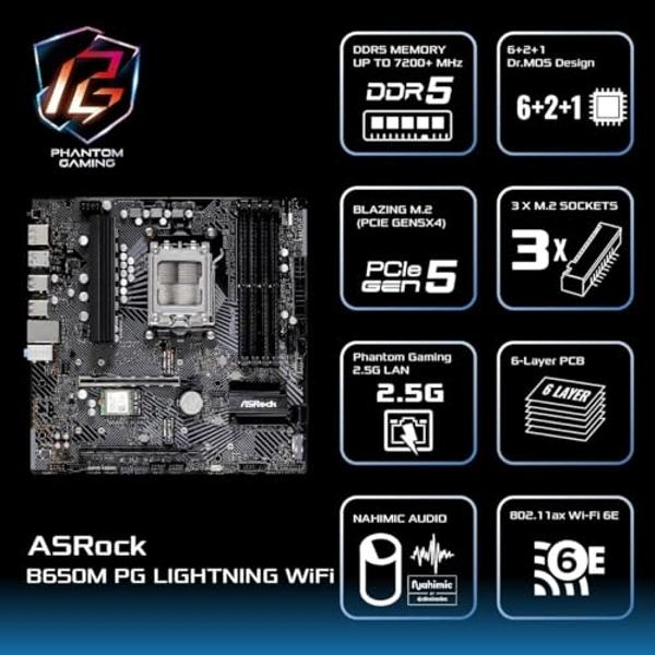 ASRock B650M PG Lightning WiFi 6E AMD Ryzen 9000/8000/7000 Series Socket AM5 B650 DDR5 up to 7200+ (OC) MHz 256 GB SATA3 6.0 Gb/s Micro ATX Motherboard M.2 RGB LED BIOS Flashback