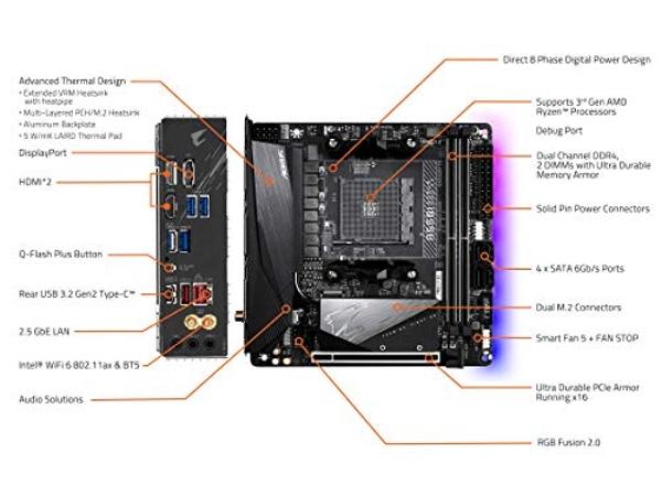 GIGABYTE B550I AORUS PRO AX (AM4 AMD/B550/Mini-Itx/Dual M.2/SATA 6Gb/s/USB 3.2 Gen 1/WiFi 6/2.5 GbE LAN/PCIe4.0/Realtek ALC1220-Vb/DisplayPort 1.4/2xHDMI 2.0B/RGB Fusion 2.0/DDR4/G