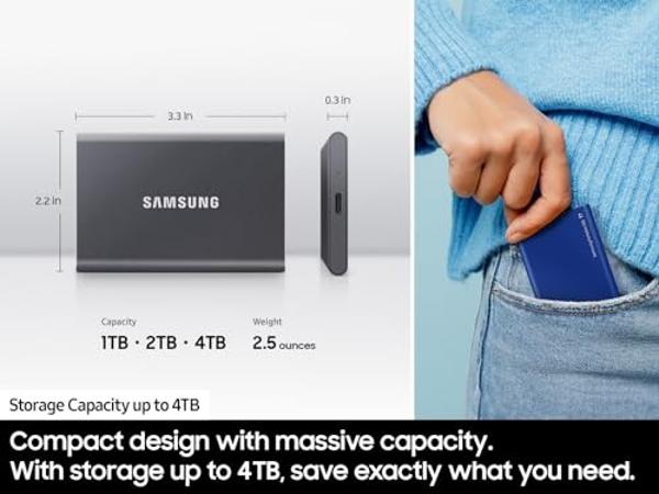 SAMSUNG T7 Portable SSD, 2TB External Solid State Drive, Speeds Up to 1,050MB/s, USB 3.2 Gen 2, Reliable Storage for Gaming, Students, Professionals, MU-PC2T0H/AM, Blue