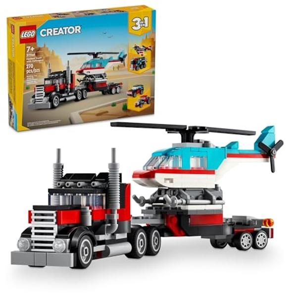 LEGO Creator 3 in 1 Flatbed Truck with Helicopter Toy, Transforms from Flatbed Truck Toy to Propeller Plane to Hot Rod and SUV Car Toys, Gift Idea for Boys and Girls Ages 7 Years O