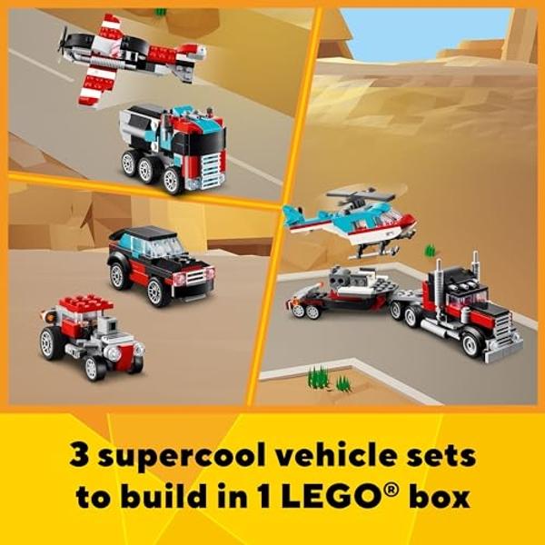 LEGO Creator 3 in 1 Flatbed Truck with Helicopter Toy, Transforms from Flatbed Truck Toy to Propeller Plane to Hot Rod and SUV Car Toys, Gift Idea for Boys and Girls Ages 7 Years O