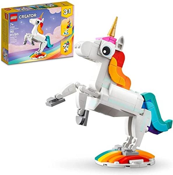 LEGO Creator 3 in 1 Magical Unicorn Toy, Transforms from Unicorn to Seahorse to Peacock, Rainbow Animal Figures, Unicorn Gift for Grandchildren, Girls and Boys, Buildable Toys, 311