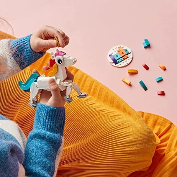 LEGO Creator 3 in 1 Magical Unicorn Toy, Transforms from Unicorn to Seahorse to Peacock, Rainbow Animal Figures, Unicorn Gift for Grandchildren, Girls and Boys, Buildable Toys, 311
