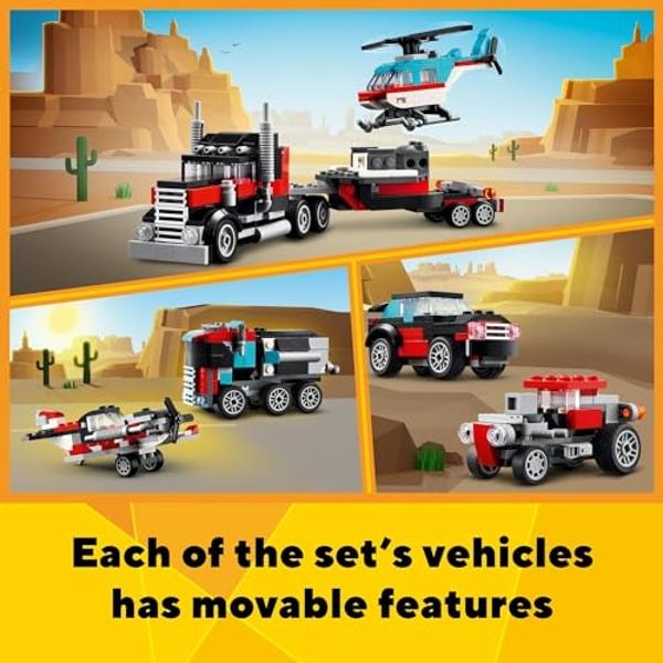 LEGO Creator 3 in 1 Flatbed Truck with Helicopter Toy, Transforms from Flatbed Truck Toy to Propeller Plane to Hot Rod and SUV Car Toys, Gift Idea for Boys and Girls Ages 7 Years O