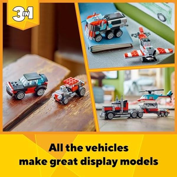 LEGO Creator 3 in 1 Flatbed Truck with Helicopter Toy, Transforms from Flatbed Truck Toy to Propeller Plane to Hot Rod and SUV Car Toys, Gift Idea for Boys and Girls Ages 7 Years O