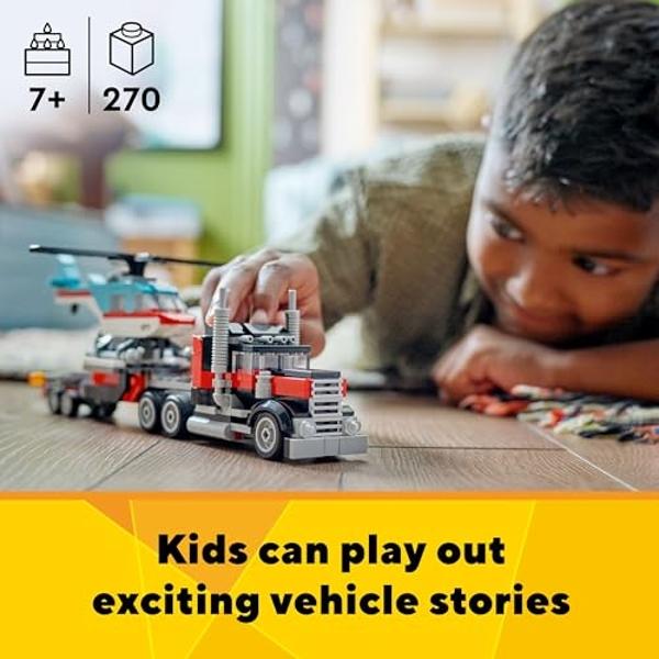 LEGO Creator 3 in 1 Flatbed Truck with Helicopter Toy, Transforms from Flatbed Truck Toy to Propeller Plane to Hot Rod and SUV Car Toys, Gift Idea for Boys and Girls Ages 7 Years O
