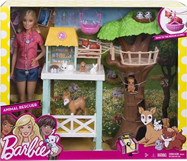 Barbie Vet Doll & Playset, Animal Rescuer Theme with 8 Wildlife Figures, Treehouse, Care Station, Rope Bridge & Accessories