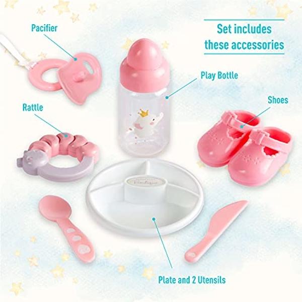 15" Realistic Soft Body Baby Doll with Open/Close Eyes | JC Toys - Berenguer Boutique | 10 Piece Gift Set with Bottle, Rattle, Pacifier & Accessories | Pink | Ages 2+