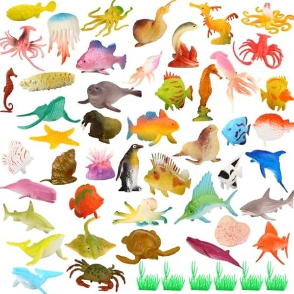 Funcorn Toys Ocean Sea Animal, 52 Pack Assorted Mini Vinyl Plastic Animal Toy Set, Realistic Under The Sea Life Figure Bath Toy for Child Educational Party Cake Cupcake Topper,Vale