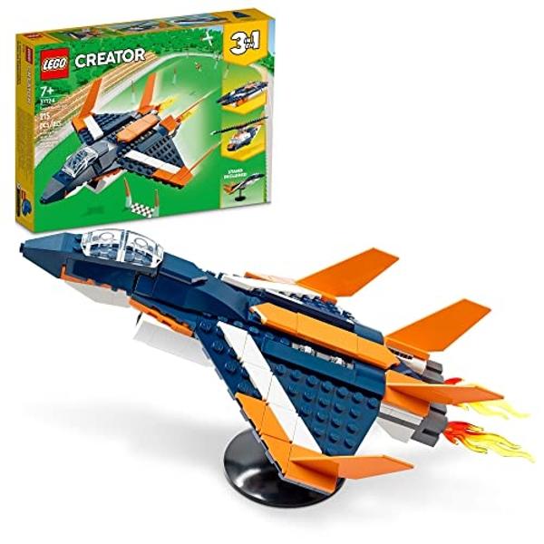 LEGO Creator 3 in 1 Supersonic Jet Plane Toy Set, Transforms from Plane to Helicopter to Speed Boat Toy, Buildable Vehicle Models for Kids, Boys and Girls 7 Plus Years Old, 31126