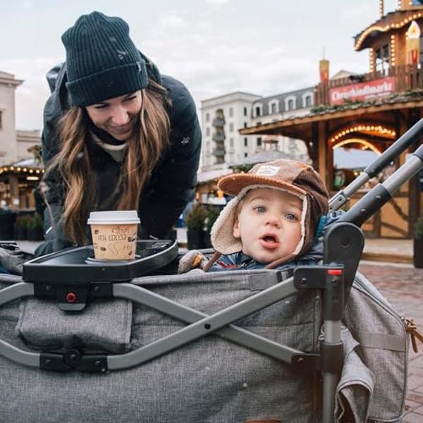 Busy Bee Foldable Wagon Stroller for 2 Kids, Push Pull Collapsible Kids Wagon with Adjustable Handle Bar, Removable Canopy, 5-Point Harness, Shock-Absorbing Wheels, Grey
