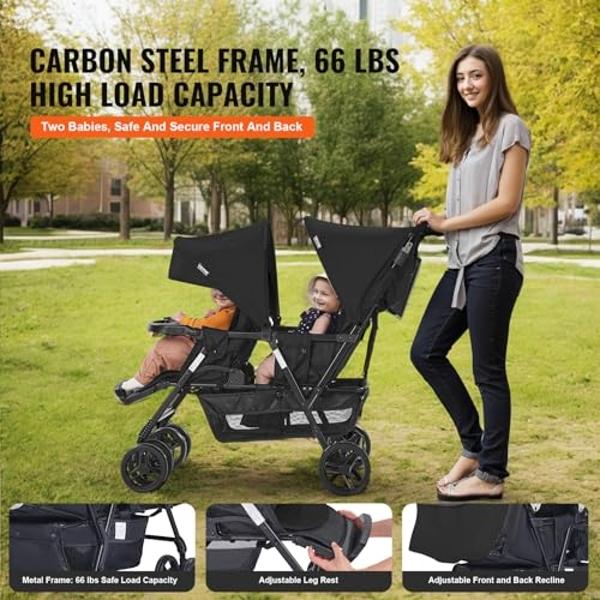 Busy Bee Foldable Wagon Stroller for 2 Kids, Push Pull Collapsible Kids Wagon with Adjustable Handle Bar, Removable Canopy, 5-Point Harness, Shock-Absorbing Wheels, Grey