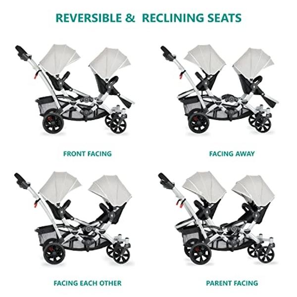 Dream On Me Track Tandem Double Umbrella Stroller in Light Grey, Lightweight Double Stroller for Infant and Toddler, Multi-Position Reversible & Reclining Seats, Large Storage Bask