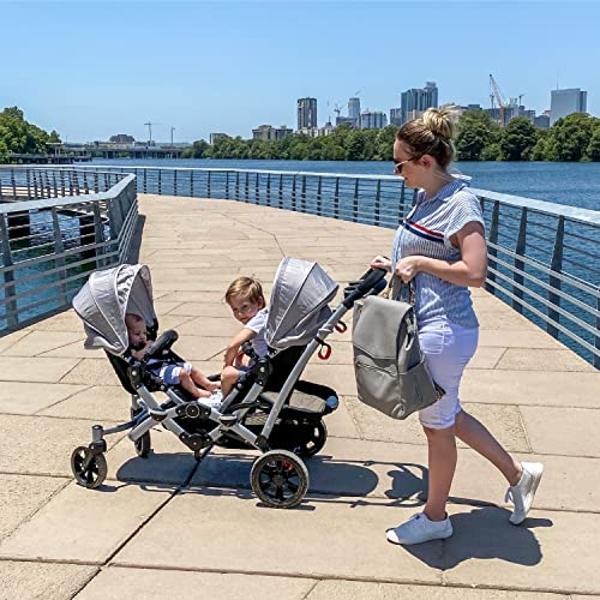 Dream On Me Track Tandem Double Umbrella Stroller in Light Grey, Lightweight Double Stroller for Infant and Toddler, Multi-Position Reversible & Reclining Seats, Large Storage Bask