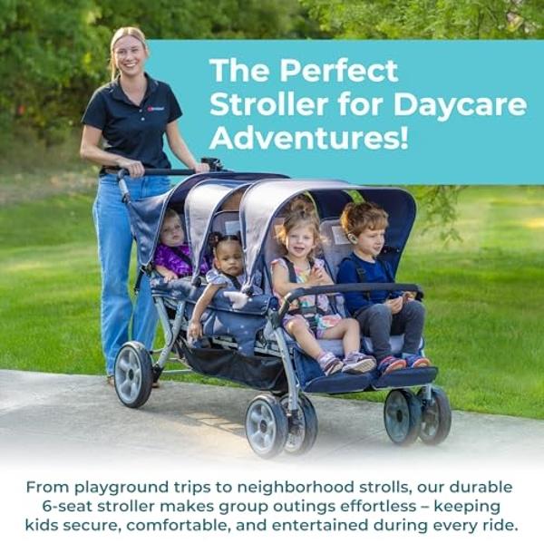 Gaggle by Foundations Jamboree 6 Seat Multi-Child Stroller with UV Blocking Canopies | Reclining Seats | 5-Point Safety Harness | Compact Fold for Daycares, Parks & Travel | Blue