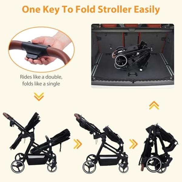 GAOMON Double Stroller Track Tandem Stroller for Infant and Toddler, Foldable Pushchair Bassinet Pram, Multi-Position Reversible & Adjustable Backrest, Large Storage Basket and Can