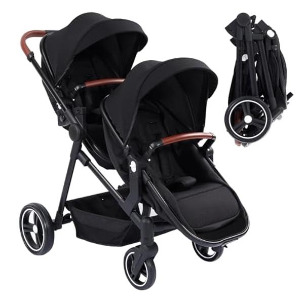 GAOMON Double Stroller Track Tandem Stroller for Infant and Toddler, Foldable Pushchair Bassinet Pram, Multi-Position Reversible & Adjustable Backrest, Large Storage Basket and Can