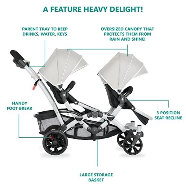 Dream On Me Track Tandem Double Umbrella Stroller in Light Grey, Lightweight Double Stroller for Infant and Toddler, Multi-Position Reversible & Reclining Seats, Large Storage Bask