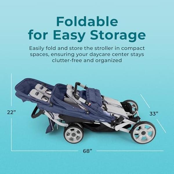 Gaggle by Foundations Jamboree 6 Seat Multi-Child Stroller with UV Blocking Canopies | Reclining Seats | 5-Point Safety Harness | Compact Fold for Daycares, Parks & Travel | Blue