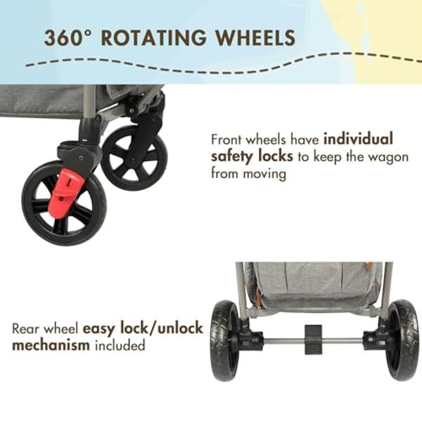 Busy Bee Foldable Wagon Stroller for 2 Kids, Push Pull Collapsible Kids Wagon with Adjustable Handle Bar, Removable Canopy, 5-Point Harness, Shock-Absorbing Wheels, Grey