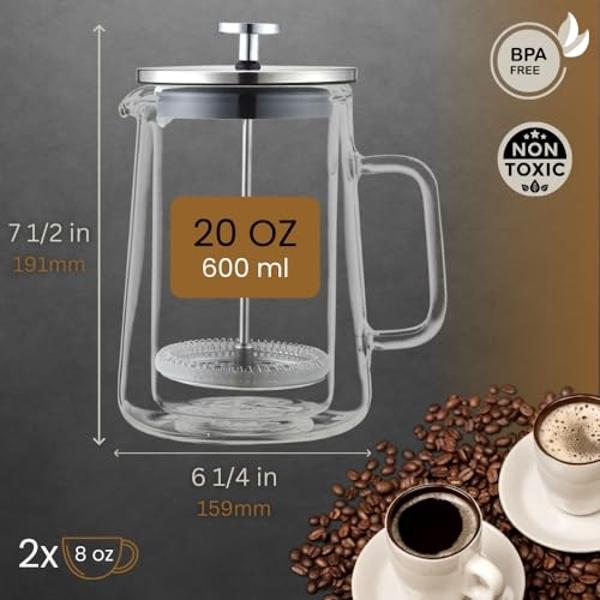 SIPNDULGENCE French Press Coffee Maker 20Oz Small Thickened Double Wall Borosilicate Glass BPA Free