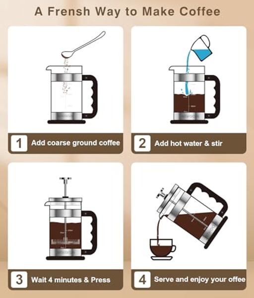 French Press Coffee Maker -34oz Classic Coffee Press Heat-resistant Borosilicate Glass Coffee Pot with 4-Level Disassemble Filters, Portable Cold Brew Coffee Maker for Travel Home(