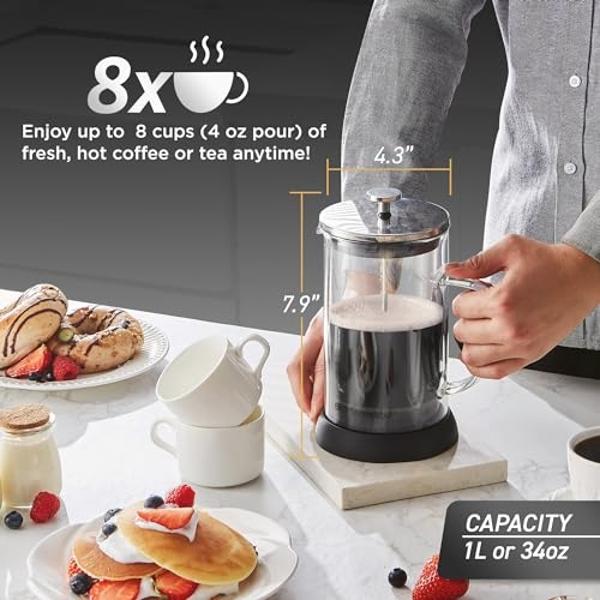 Elite Gourmet FP1223 1 Liter French Press Coffee Maker, Double Wall Insulated Borosilicate Glass Carafe, Dishwasher Safe Stainless Steel Filter/Plunger Assembly, Removable Silicone