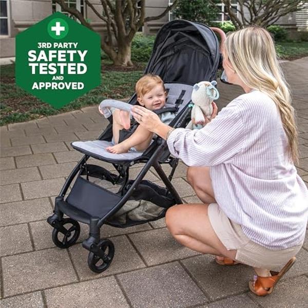 Ingenuity 3Dquickclose CS+ Compact Fold Stroller – Lightweight Stroller with Oversized Canopy, Extra-Large Storage and Compact Fold, CarSeat Compatible, Gray
