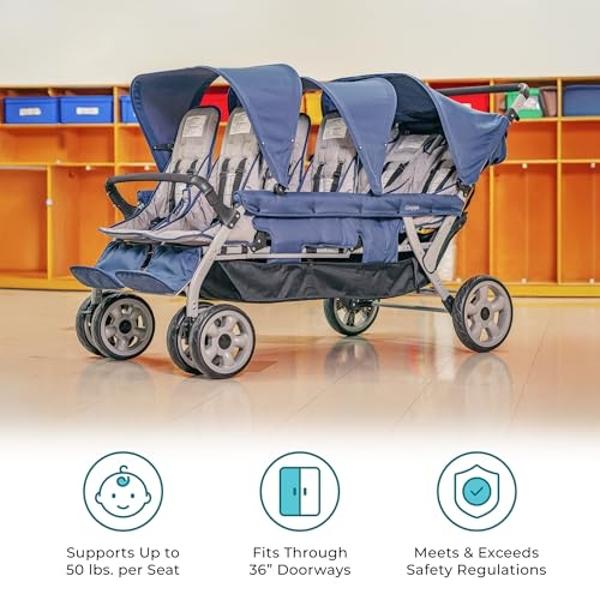 Gaggle by Foundations Jamboree 6 Seat Multi-Child Stroller with UV Blocking Canopies | Reclining Seats | 5-Point Safety Harness | Compact Fold for Daycares, Parks & Travel | Blue