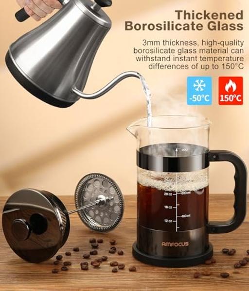 French Press Coffee Maker -34oz Classic Coffee Press Heat-resistant Borosilicate Glass Coffee Pot with 4-Level Disassemble Filters, Portable Cold Brew Coffee Maker for Travel Home(