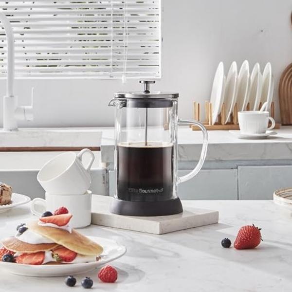 Elite Gourmet FP1223 1 Liter French Press Coffee Maker, Double Wall Insulated Borosilicate Glass Carafe, Dishwasher Safe Stainless Steel Filter/Plunger Assembly, Removable Silicone