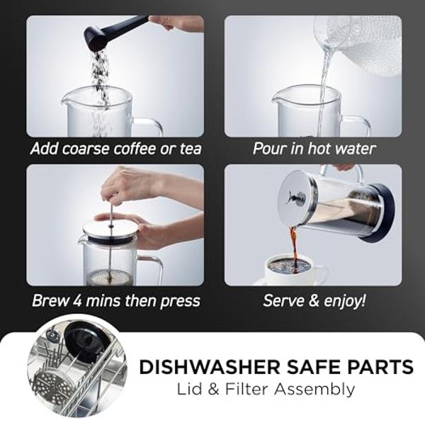 Elite Gourmet FP1223 1 Liter French Press Coffee Maker, Double Wall Insulated Borosilicate Glass Carafe, Dishwasher Safe Stainless Steel Filter/Plunger Assembly, Removable Silicone