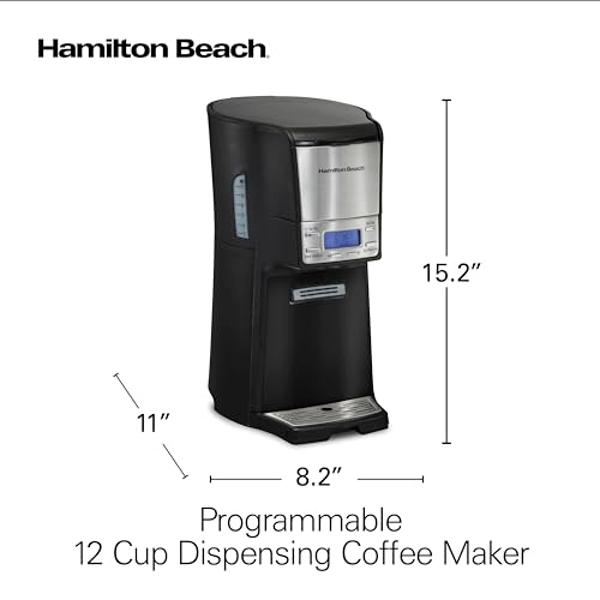 Hamilton Beach One Press Programmable Dispensing Drip Coffee Maker with 12 Cup Internal Brew Pot, Water Reservoir, Black with Chrome (48464)