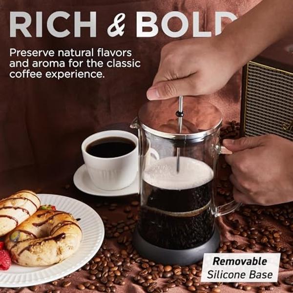 Elite Gourmet FP1223 1 Liter French Press Coffee Maker, Double Wall Insulated Borosilicate Glass Carafe, Dishwasher Safe Stainless Steel Filter/Plunger Assembly, Removable Silicone