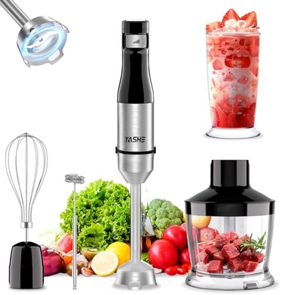 YASHE Immersion Blender Handheld, 5 in 1 Hand Blender, Continuously Variable Speed, Stainless Steel Stick, Powerful Motor, Emulsion Blender with Chopper, Whisk and Milk Frother for