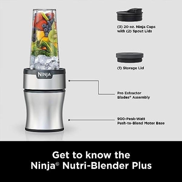 Ninja BN301 Nutri-Blender Plus Compact Personal Blender, 900-Peak-Watt Motor, Frozen Drinks, Smoothies, Sauces & More, (3) 20 oz. To-Go Cups, (2) Spout-Lids (1) Storage-Lid, Dishwa