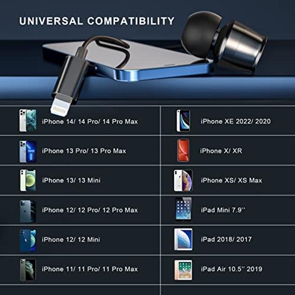 Lightning Headphones for iPhone 13 14 12 Pro Max MFi Certified Lightning Earbuds with Mic Noise Isolation Stereo Bass in-Ear Headphones Lightning Connector Wired Earphones for iPho