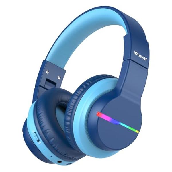 iClever BTH12 Kids Bluetooth Headphones,Colorful LED Lights Kids Headphones Wireless,74/85dBA Safe Volume,85H Playtime,Fast Charging,Bluetooth 5.2,Over Ear,Built-in Mic for iPad/Ta