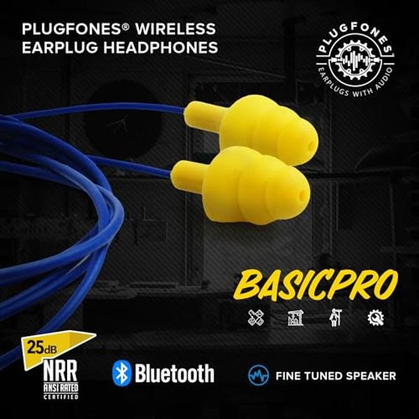 Plugfones Basic Pro Earplug Headphones Wireless Bluetooth in-Ear Earplug Earbuds 25 dB Noise Reduction Rating OSHA Compliant Hearing Protection with Noise Isolating Mic and Control